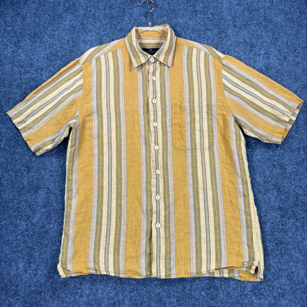 Bugatchi Uomo Mens Medium Yellow Green Striped Short Sleeve Button Down Shirt
